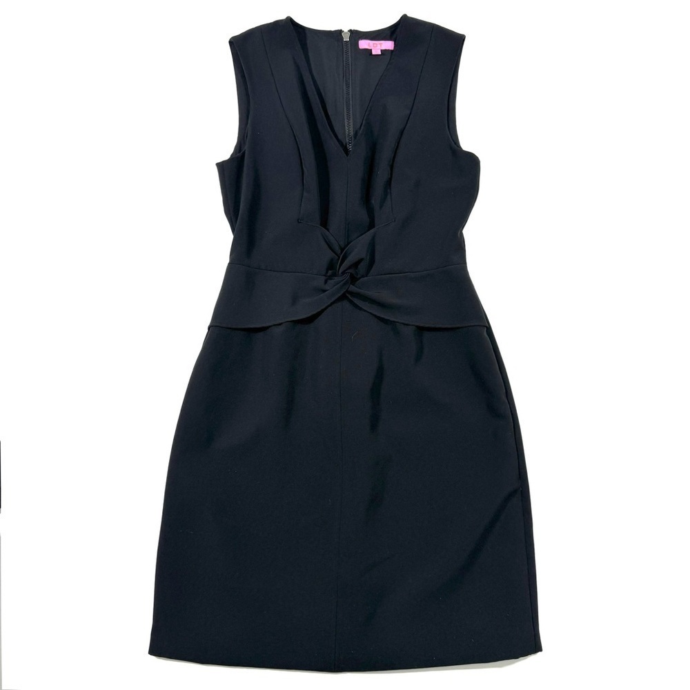 LDT V Neck Sheath Dress Black Knot Front Exposed Zip